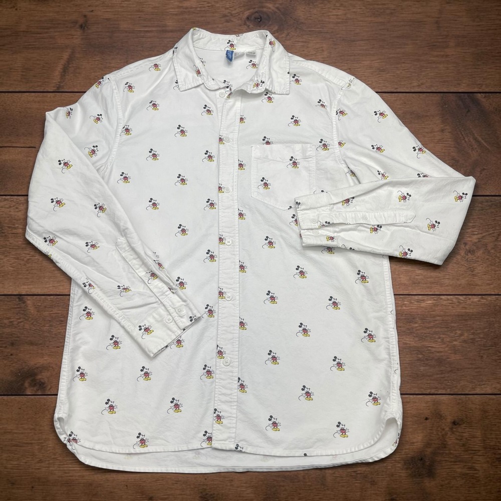 H&M Divided Disney Mickey Mouse All‎ Over Print White Button Down Shirt Mens M